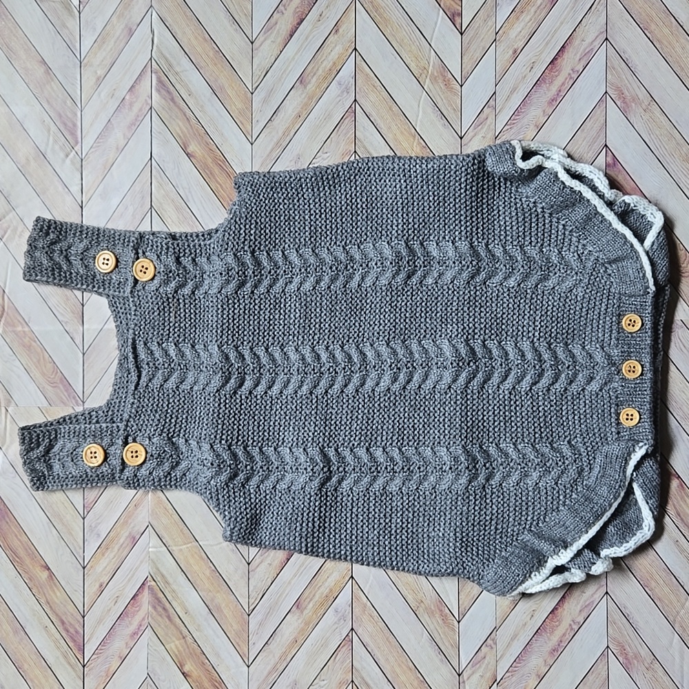 Boho Knit Baby Girl Romper Grey Cable Stitch Sunsuit Vintage Style One-Piece